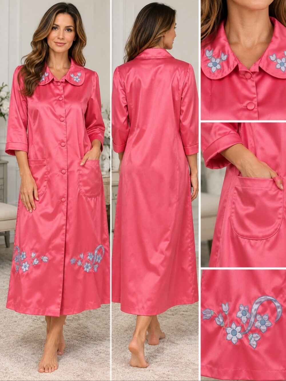 Vintage 1970s/80s Italian Confezioni di Lusso Pink Satin Robe Floral Embroidery